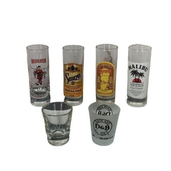 Shot glass lot of 6‎ Malibu dave busters beefeater Mixed Lot Bar Keeper - Picture 1 of 7